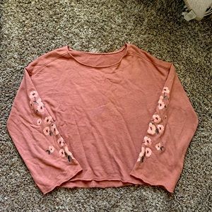 M American Eagle Embroidered Bell Sleeve Pink Cropped Sweater